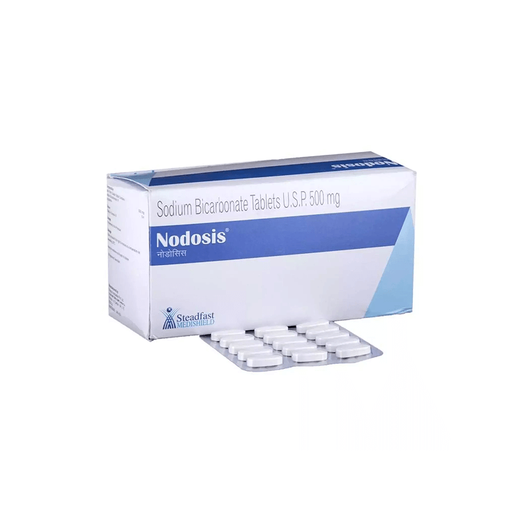 Angled view of Nodosis 500 mg box alongside an exposed blister pack of white tablets by Steadfast MediShield.