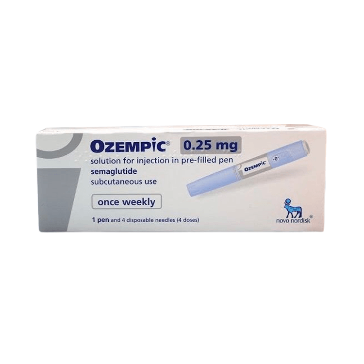 Front of Ozempic 0.5 mg semaglutide injection box and pre-filled pen by Novo Nordisk.