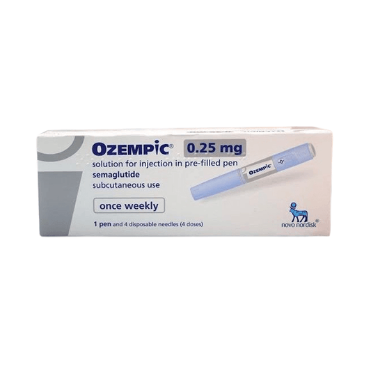 Front of Ozempic 0.5 mg semaglutide injection box and pre-filled pen by Novo Nordisk.