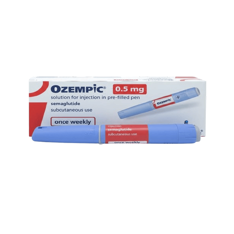 Front of Ozempic 0.25 mg semaglutide injection box and pre-filled pen by Novo Nordisk.