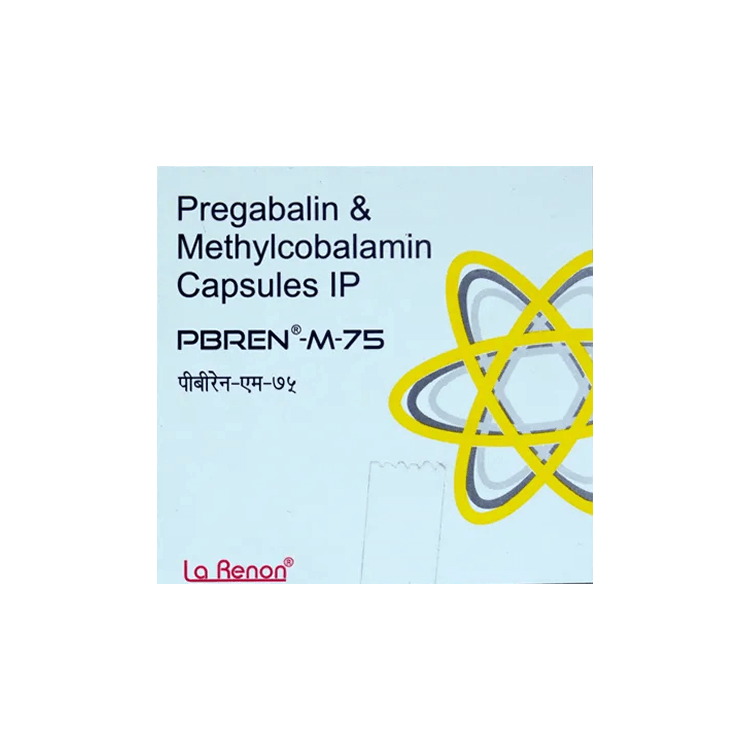 Front view of PBREN-M-75 (Pregabalin & Methylcobalamin Capsules IP) box by La Renon.