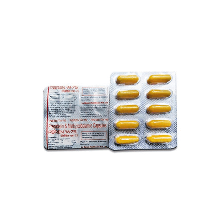 Front and back view of PBREN-M-75 10-capsule blister packs showing yellow capsules and La Renon manufacturing details.