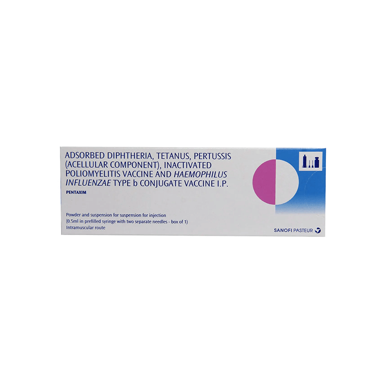Front view of Pentaxim (DTaP-IPV-Hib) 5-in-1 pediatric vaccine 0.5ml pre-filled syringe box with two separate needles by Sanofi Pasteur.