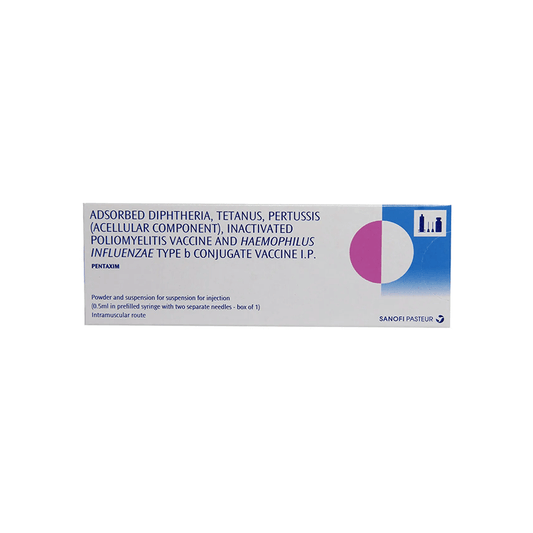 Front view of Pentaxim (DTaP-IPV-Hib) 5-in-1 pediatric vaccine 0.5ml pre-filled syringe box with two separate needles by Sanofi Pasteur.