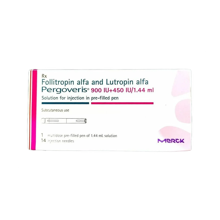 Front view of Pergoveris (900 IU + 450 IU)/1.44 ml multidose pre-filled pen box for subcutaneous use by Merck.