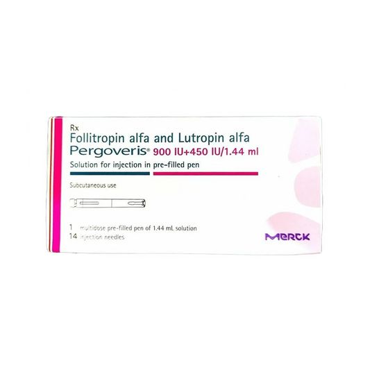 Front view of Pergoveris (900 IU + 450 IU)/1.44 ml multidose pre-filled pen box for subcutaneous use by Merck.