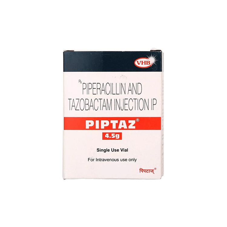 Front view of Piptaz 4.5g (Piperacillin and Tazobactam Injection IP) single-use vial box by VHB.