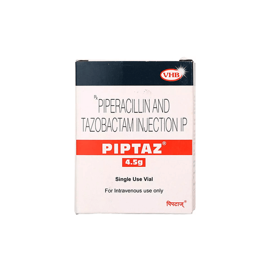 Front view of Piptaz 4.5g (Piperacillin and Tazobactam Injection IP) single-use vial box by VHB.