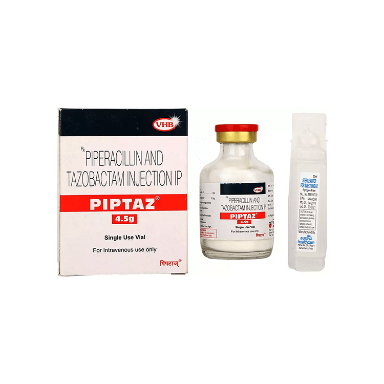 Perspective view showing the Piptaz 4.5g box alongside its sterile glass vial and Sterile Water for Injections ampoule by VHB.
