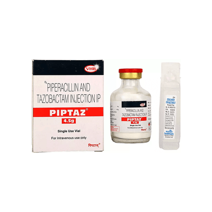 Perspective view showing the Piptaz 4.5g box alongside its sterile glass vial and Sterile Water for Injections ampoule by VHB.