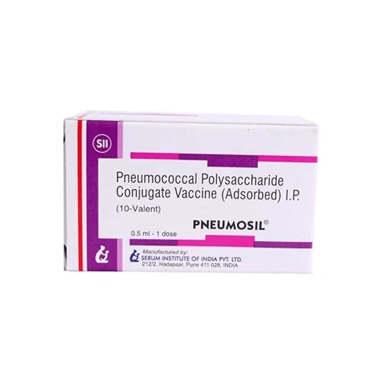 Front view of Pneumosil (Pneumococcal Polysaccharide Conjugate Vaccine 10-Valent) single-dose 0.5 ml box by Serum Institute of India.