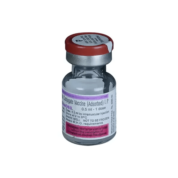 Close-up front view of the Pneumosil 0.5 ml sterile glass vial with a red cap for intramuscular injection by Serum Institute of India.