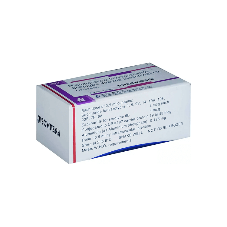Perspective side view of the Pneumosil box detailing the 10-valent composition, CRM197 carrier protein, and storage (2°C to 8°C) by Serum Institute.