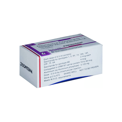 Perspective side view of the Pneumosil box detailing the 10-valent composition, CRM197 carrier protein, and storage (2°C to 8°C) by Serum Institute.