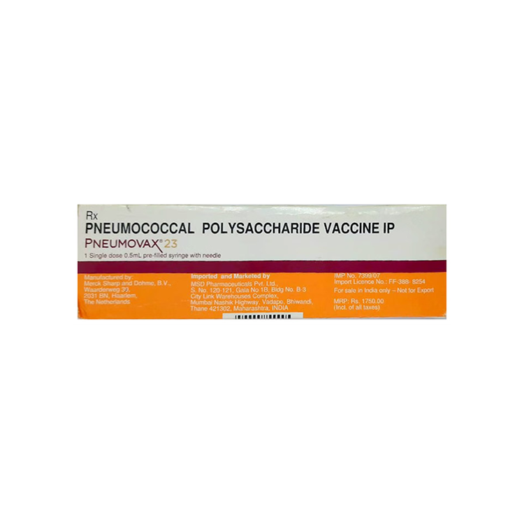Front view of Pneumovax 23 (Pneumococcal Polysaccharide Vaccine IP) 0.5mL single-dose pre-filled syringe with needle box by MSD.