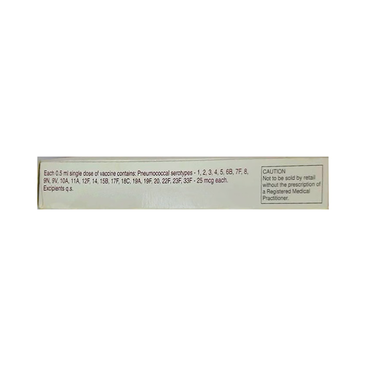 Side view of the Pneumovax 23 box detailing the comprehensive 23-valent pneumococcal serotype composition and prescription warnings by MSD.