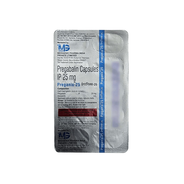 Back view of the printed foil blister pack for Preganix-25 (Pregabalin Capsules I.P. 25 mg) by Medgenix showing Schedule H warning.