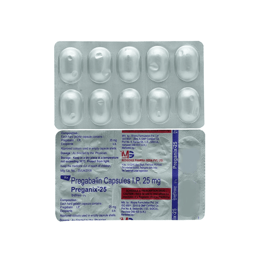 Split view showing the printed foil backing and the silver capsule blisters of Preganix-25 (Pregabalin Capsules I.P. 25 mg) by Medgenix.