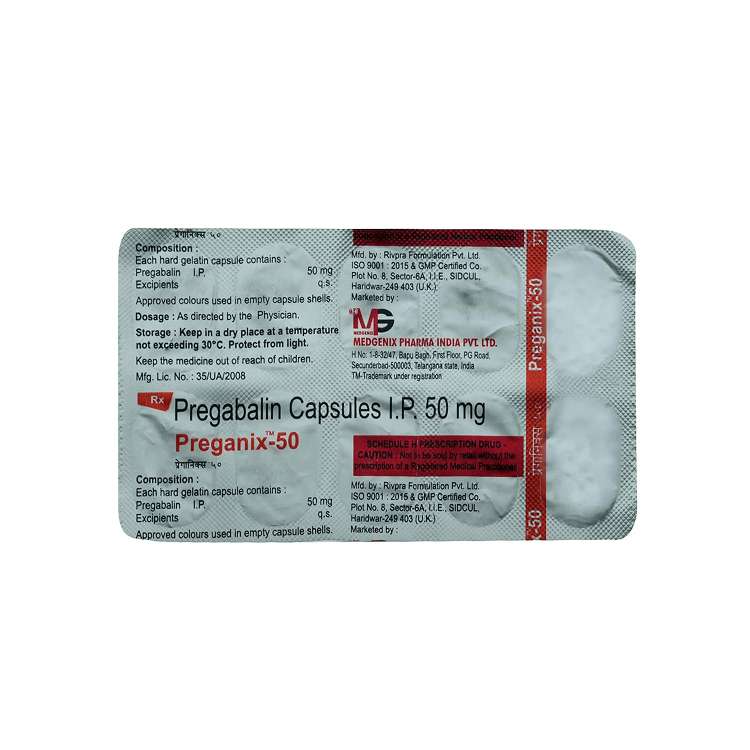 Back view of the printed foil blister pack for Preganix-50 (Pregabalin Capsules I.P. 50 mg) by Medgenix showing composition details.