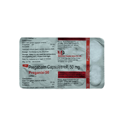 Back view of the printed foil blister pack for Preganix-50 (Pregabalin Capsules I.P. 50 mg) by Medgenix showing composition details.