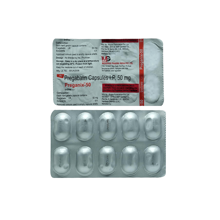 Split view showing the printed foil backing and the silver capsule blisters of Preganix-50 (Pregabalin Capsules I.P. 50 mg) by Medgenix.