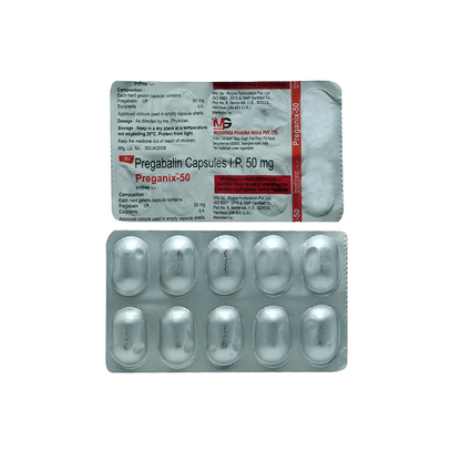 Split view showing the printed foil backing and the silver capsule blisters of Preganix-50 (Pregabalin Capsules I.P. 50 mg) by Medgenix.