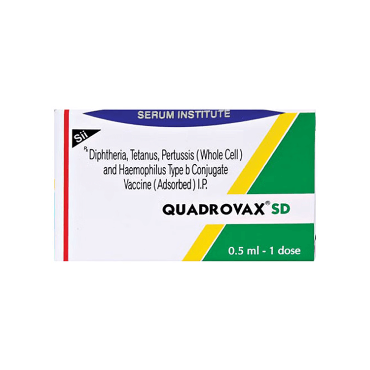 Front view of Quadrovax SD (Diphtheria, Tetanus, Pertussis and Haemophilus Type b Conjugate Vaccine) 0.5 ml single-dose box by Serum Institute of India.
