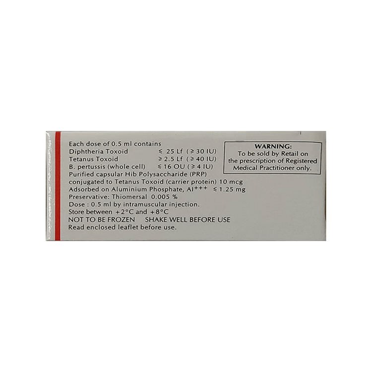 Back view of the Quadrovax SD box detailing the exact toxoid composition, Hib polysaccharide, aluminium adjuvant, and +2°C to +8°C storage instructions by SII.
