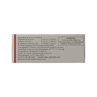Back view of the Quadrovax SD box detailing the exact toxoid composition, Hib polysaccharide, aluminium adjuvant, and +2°C to +8°C storage instructions by SII.
