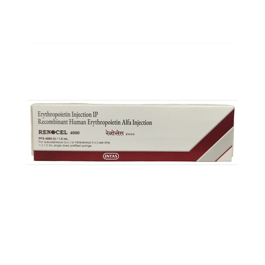 Front view of Renocel 4000 (Recombinant Human Erythropoietin Alfa Injection 4000 IU/1.0 mL) prefilled syringe box by INTAS.