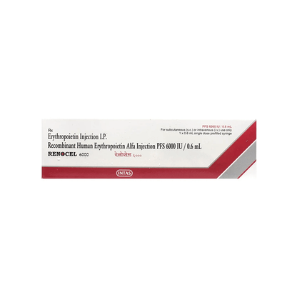 Front view of Renocel 6000 (Recombinant Human Erythropoietin Alfa Injection 6000 IU/0.6 mL) prefilled syringe box by INTAS.