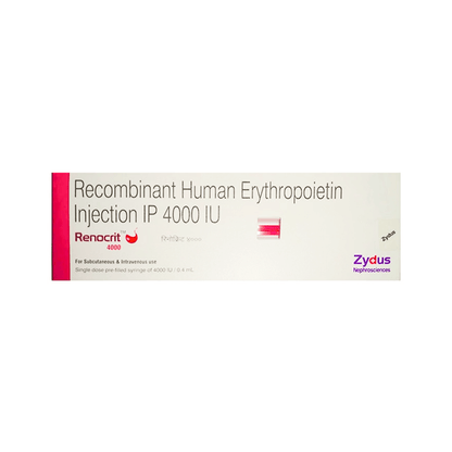 Front view of Renocrit 4000 (Recombinant Human Erythropoietin Injection IP 4000 IU) pre-filled syringe box by Zydus Nephrosciences.