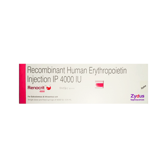 Front view of Renocrit 4000 (Recombinant Human Erythropoietin Injection IP 4000 IU) pre-filled syringe box by Zydus Nephrosciences.