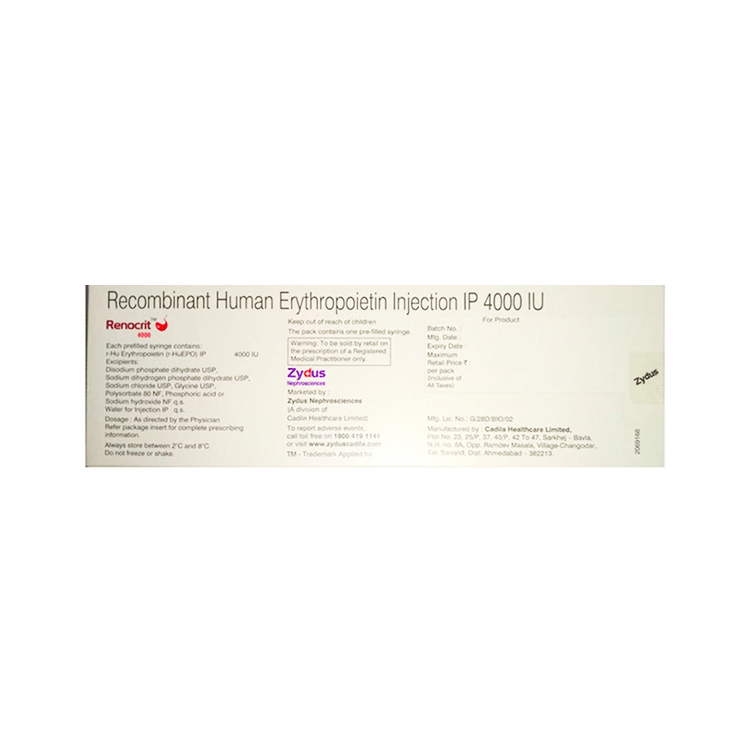 Back view of Renocrit 4000 box detailing composition, strict refrigeration storage instructions (2°C to 8°C), and the prescription warning by Zydus.