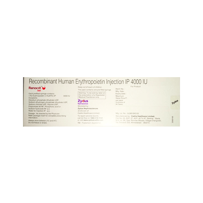 Back view of Renocrit 4000 box detailing composition, strict refrigeration storage instructions (2°C to 8°C), and the prescription warning by Zydus.