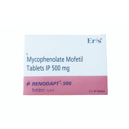 Front of Renodapt 500 Mycophenolate Mofetil Tablets IP box by Eris.
