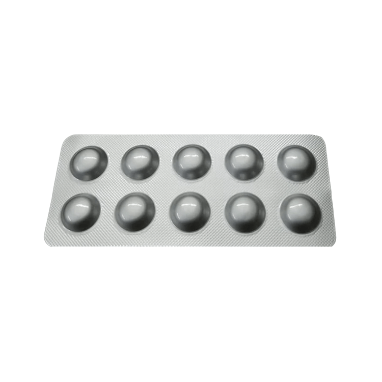  blister pack with 12 gray pills on a white background