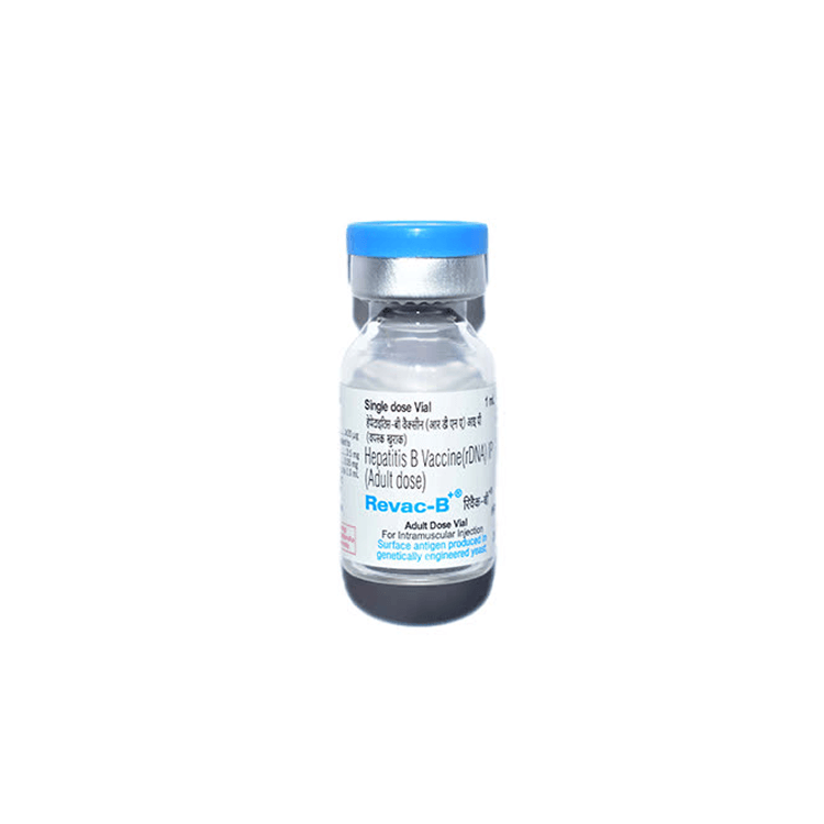 Front view of Revac-B+ (Hepatitis B Vaccine rDNA I.P.) 1ml single adult dose vial for intramuscular injection by Bharat Biotech.