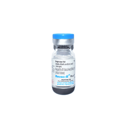 Front view of Revac-B+ (Hepatitis B Vaccine rDNA I.P.) 1ml single adult dose vial for intramuscular injection by Bharat Biotech.