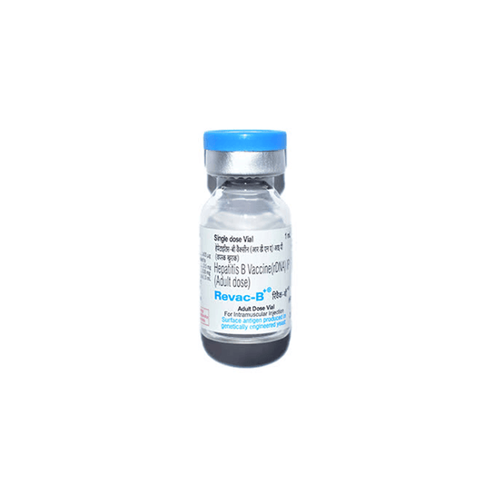 Front view of Revac-B+ (Hepatitis B Vaccine rDNA I.P.) 1ml single adult dose vial for intramuscular injection by Bharat Biotech.