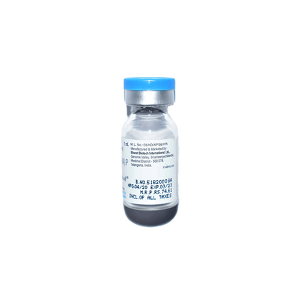 Side view of the Revac-B+ 1ml vial detailing manufacturer information and origin by Bharat Biotech International Ltd.