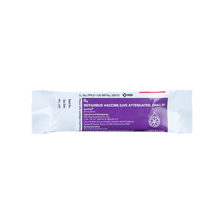 Front view of RotaTeq (Rotavirus Vaccine Live Attenuated, Oral IP) 2ml pentavalent pouch packaging by MSD.