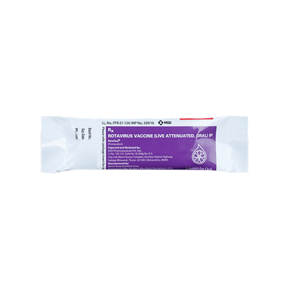Front view of RotaTeq (Rotavirus Vaccine Live Attenuated, Oral IP) 2ml pentavalent pouch packaging by MSD.