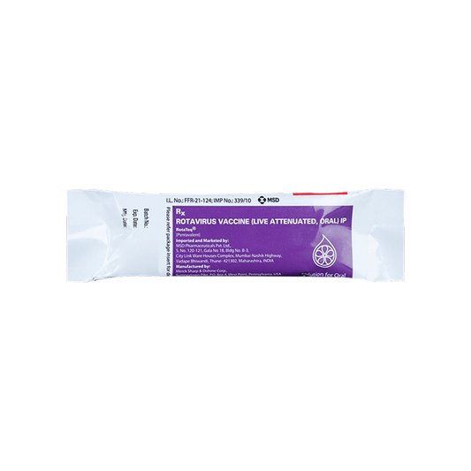Front view of RotaTeq (Rotavirus Vaccine Live Attenuated, Oral IP) 2ml pentavalent pouch packaging by MSD.