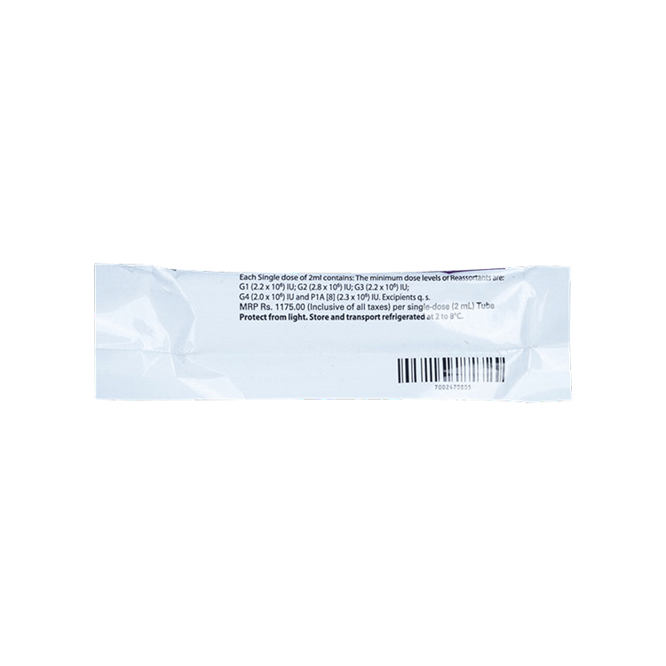 Back view of the RotaTeq 2ml oral vaccine pouch detailing the 5 reassortant strains and strict 2°C to 8°C refrigeration storage instructions by MSD.