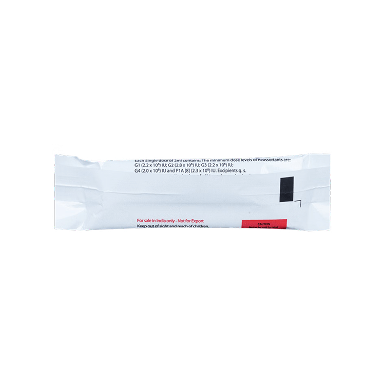 Back view of the RotaTeq 2ml oral vaccine pouch detailing the 5 reassortant strains.