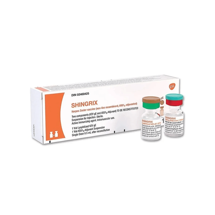 Front perspective view of Shingrix (Herpes Zoster vaccine, non-live recombinant) kit box alongside its two unmixed vials by GSK.