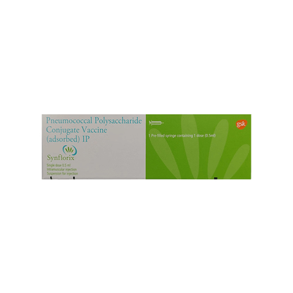 Front view of Synflorix (Pneumococcal Polysaccharide Conjugate Vaccine adsorbed I.P.) 0.5 ml single-dose pre-filled syringe box by GSK.