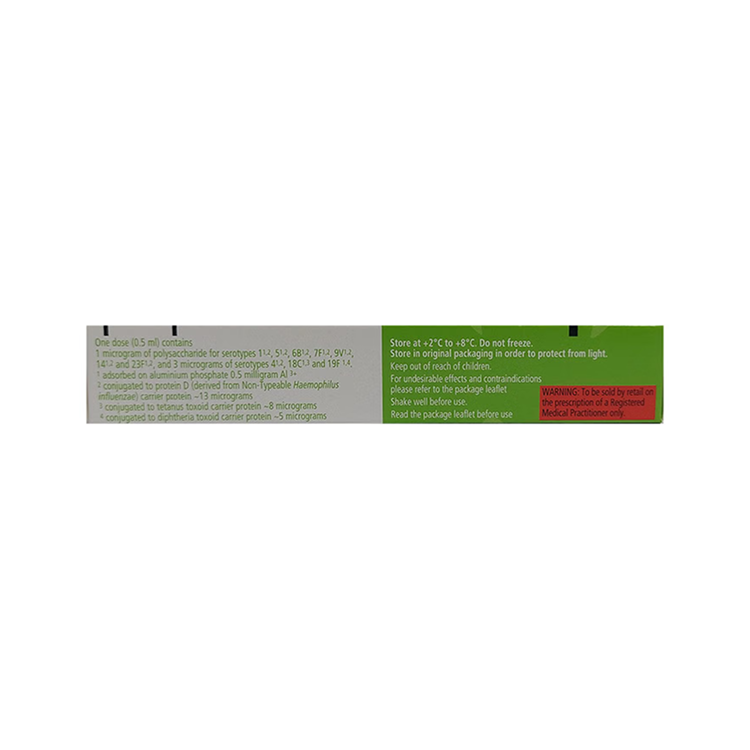 Back view of the Synflorix box detailing the 10-valent serotype composition, strict +2°C to +8°C storage instructions, and prescription warnings by GSK.