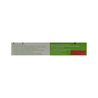 Back view of the Synflorix box detailing the 10-valent serotype composition, strict +2°C to +8°C storage instructions, and prescription warnings by GSK.
